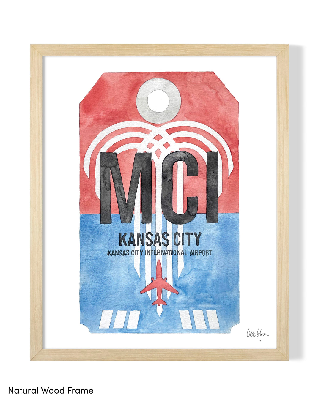 Framed Watercolor Print of Kansas City International Airport (MCI) with a Natural Wood Frame