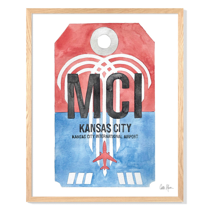 Framed Watercolor Print of Kansas City International Airport (MCI) with an Oak Frame