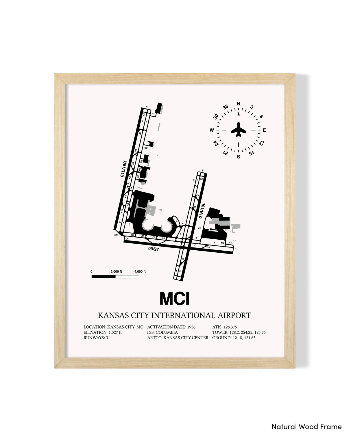 Detailed Airport Map of Kansas City International Airport (MCI) in White with a Natural Frame