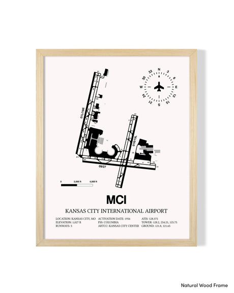 Detailed Airport Map of Kansas City International Airport (MCI) in White with a Natural Frame