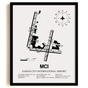 Framed Detailed Airport Map of Kansas City International Airport (MCI) in White with a Black Frame