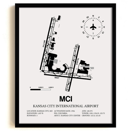 Framed Detailed Airport Map of Kansas City International Airport (MCI) in White with a Black Frame
