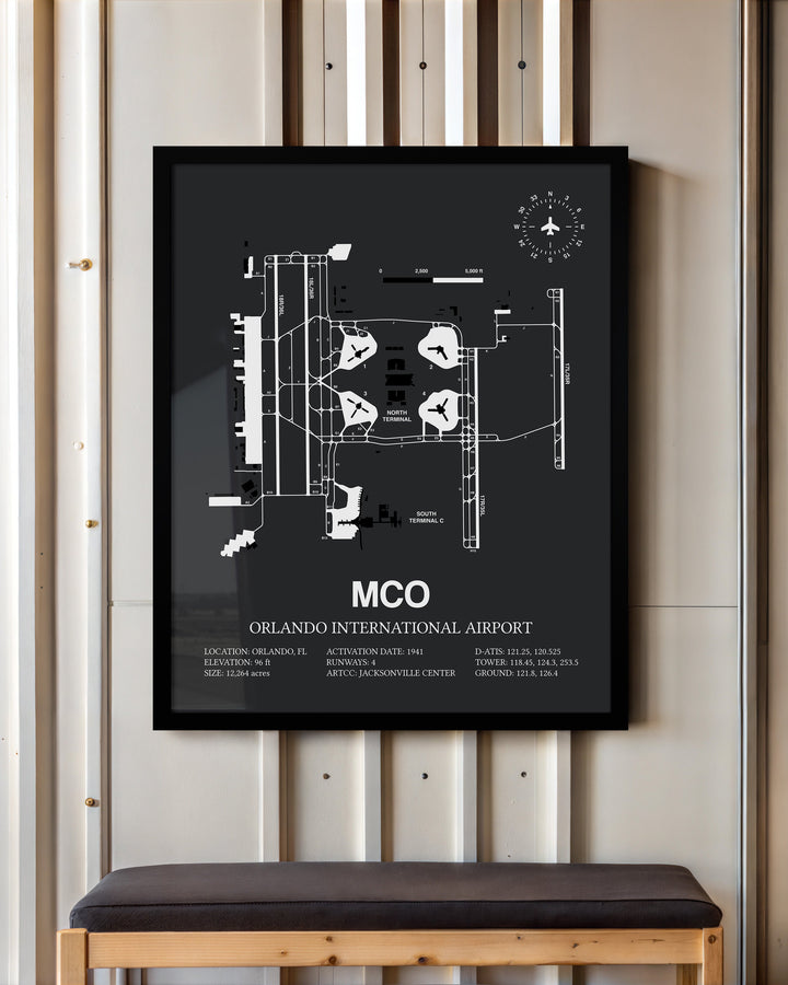 Framed Detailed Airport Map of Orlando International Airport (MCO) in Gray with a Black Frame