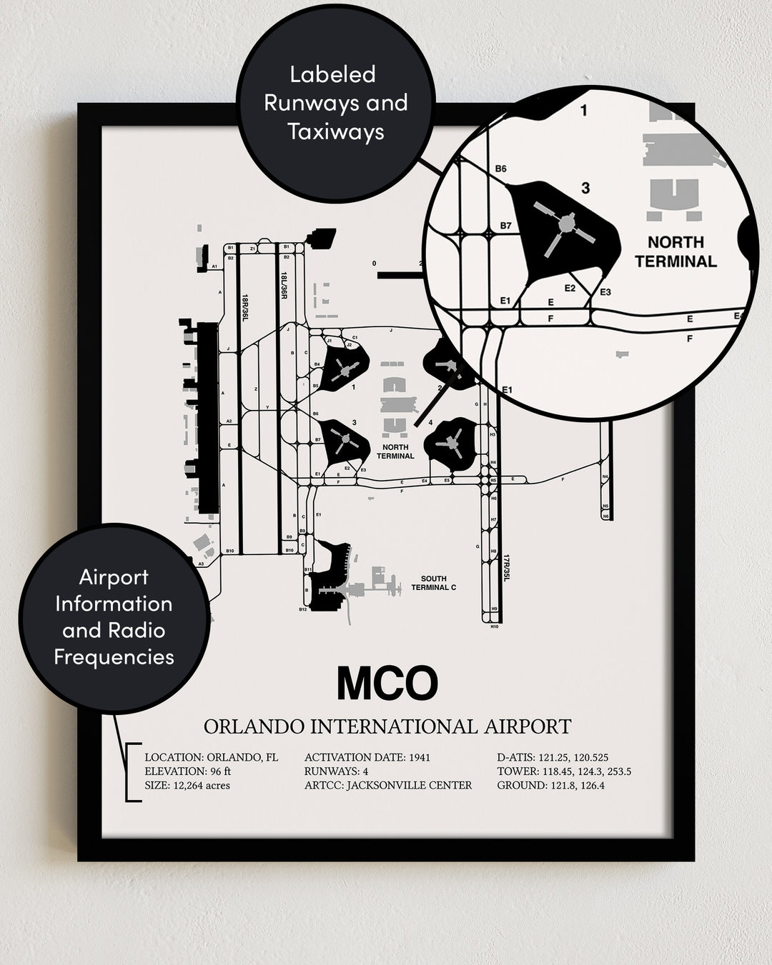 Framed Detailed Airport Map of Orlando International Airport (MCO) in White with a Black Frame
