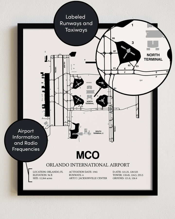 Framed Detailed Airport Map of Orlando International Airport (MCO) in White with a Black Frame