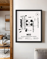 Framed Detailed Airport Map of Orlando International Airport (MCO) in White with a Black Frame