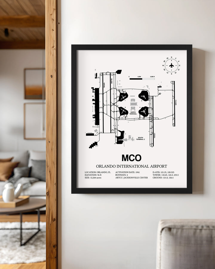 Framed Detailed Airport Map of Orlando International Airport (MCO) in White with a Black Frame