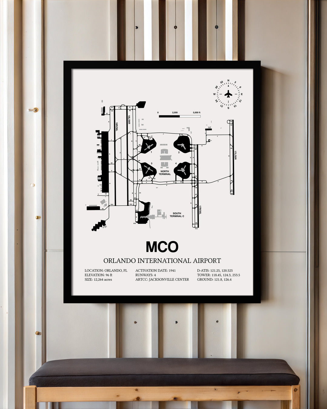Framed Detailed Airport Map of Orlando International Airport (MCO) in White with a Black Frame