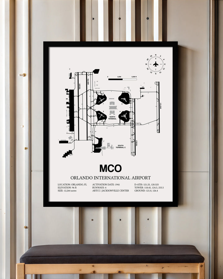Framed Detailed Airport Map of Orlando International Airport (MCO) in White with a Black Frame