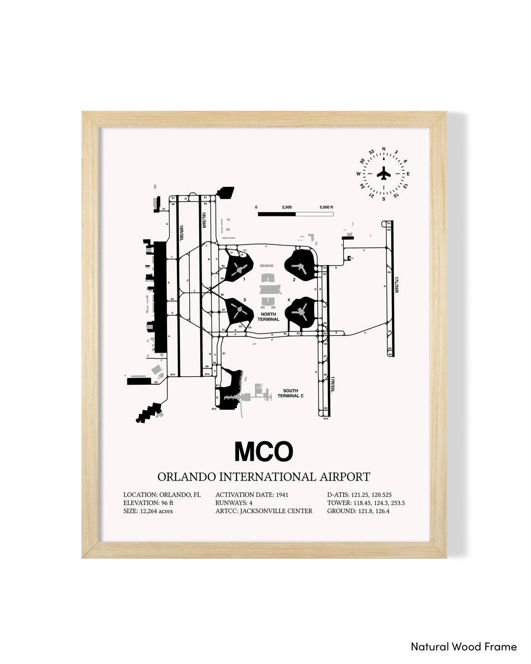 Detailed Airport Map of Orlando International Airport (MCO) in White with a Natural Frame