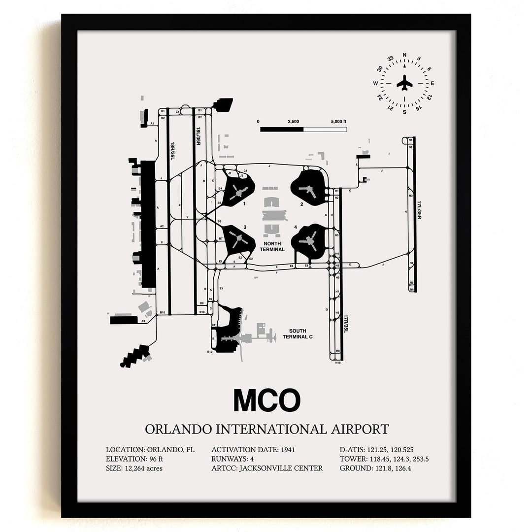 Framed Detailed Airport Map of Orlando International Airport (MCO) in White with a Black Frame