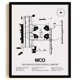 Framed Detailed Airport Map of Orlando International Airport (MCO) in White with a Black Frame