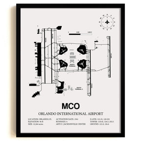 Framed Detailed Airport Map of Orlando International Airport (MCO) in White with a Black Frame