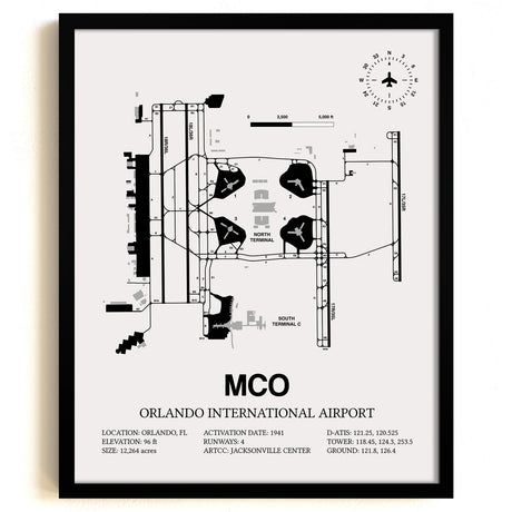 Framed Detailed Airport Map of Orlando International Airport (MCO) in White with a Black Frame
