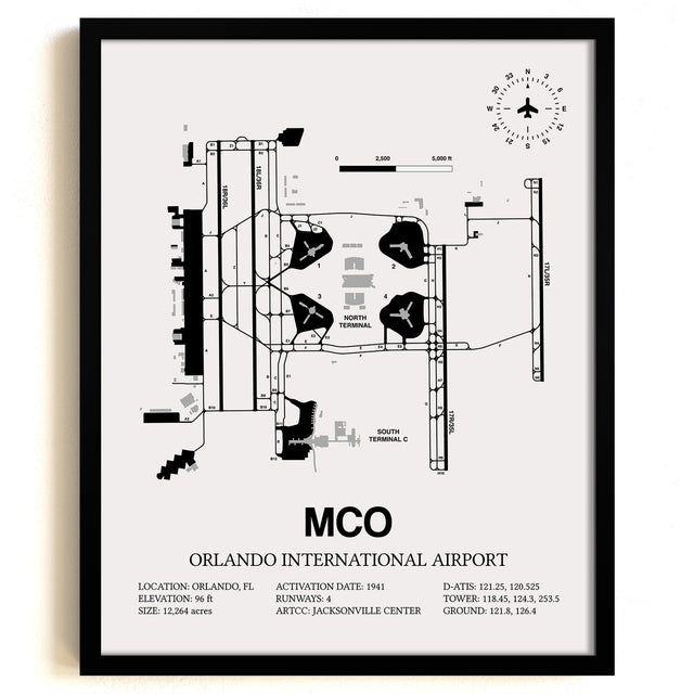 Framed Detailed Airport Map of Orlando International Airport (MCO) in White with a Black Frame