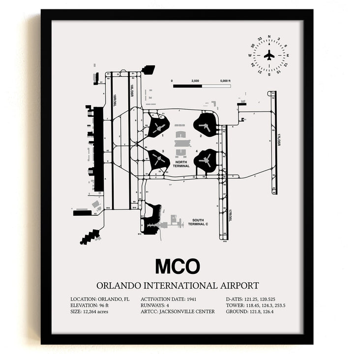 Framed Detailed Airport Map of Orlando International Airport (MCO) in White with a Black Frame