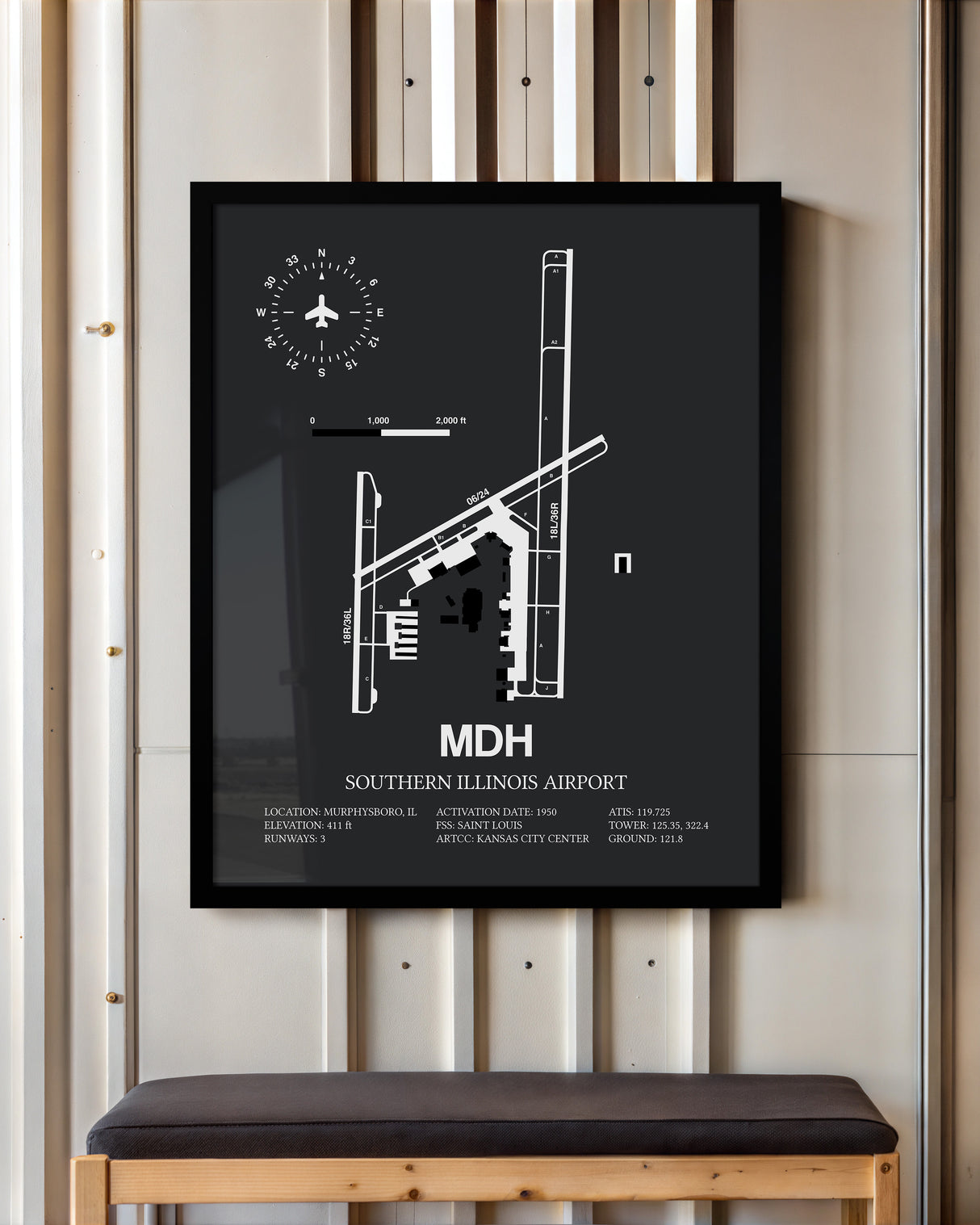 Framed Detailed Airport Map of Southern Illinois Airport (MDH) in Gray with a Black Frame