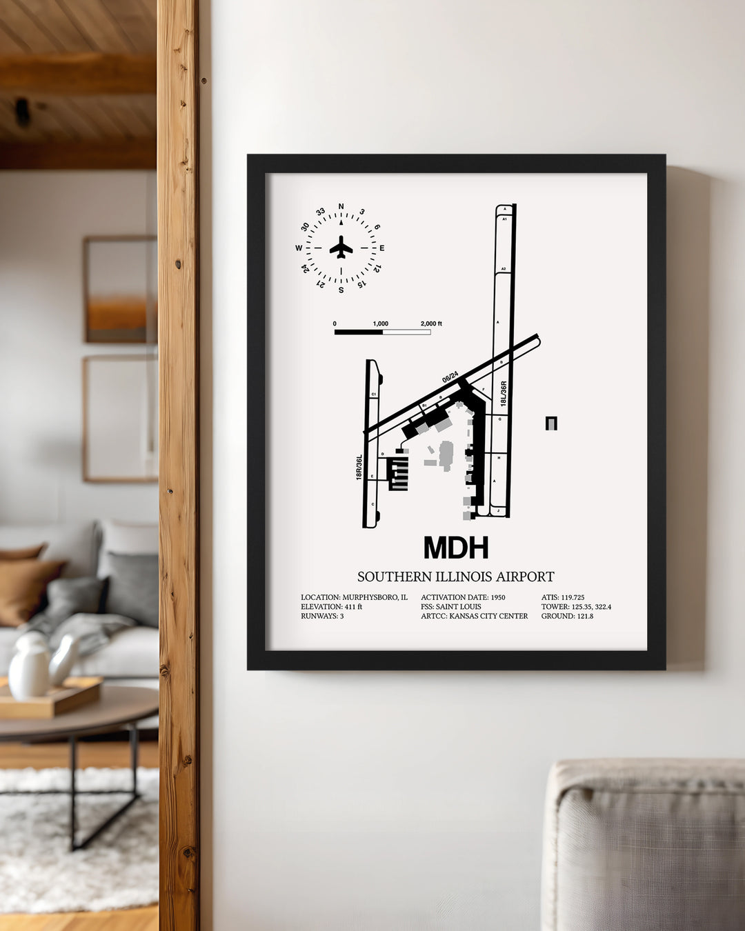 Framed Detailed Airport Map of Southern Illinois Airport (MDH) in White with a Black Frame