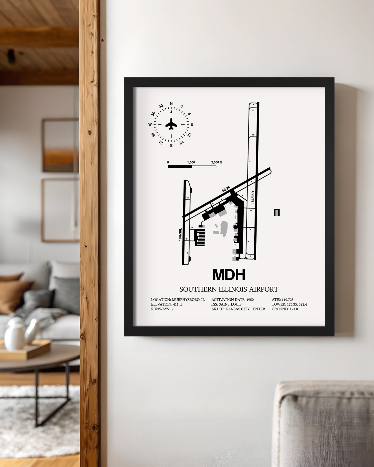 Framed Detailed Airport Map of Southern Illinois Airport (MDH) in White with a Black Frame