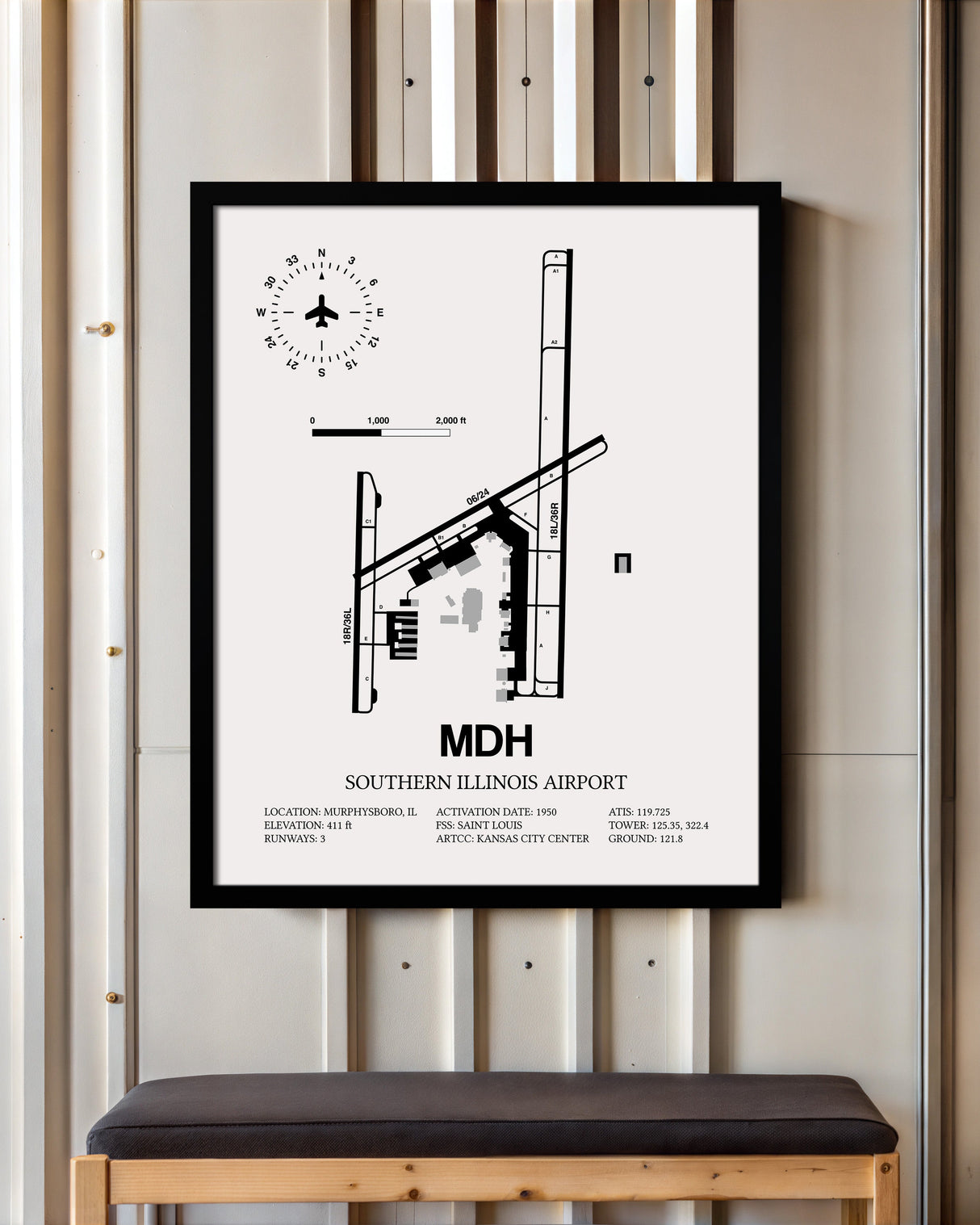 Framed Detailed Airport Map of Southern Illinois Airport (MDH) in White with a Black Frame