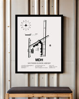 Framed Detailed Airport Map of Southern Illinois Airport (MDH) in White with a Black Frame