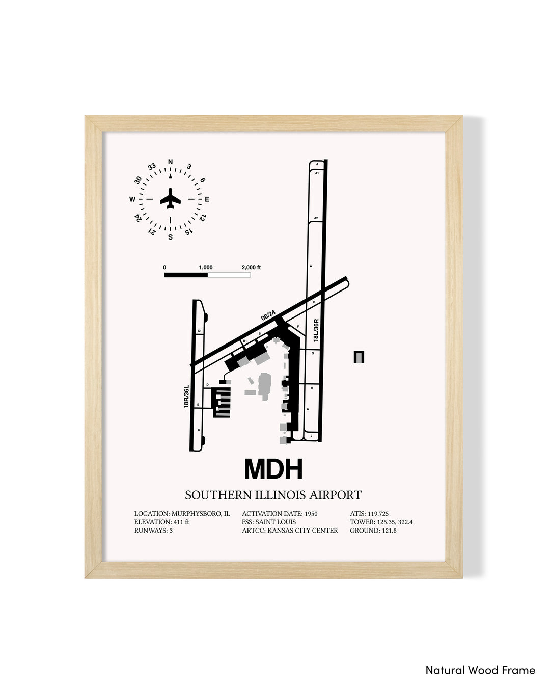 Detailed Airport Map of Southern Illinois Airport (MDH) in White with a Natural Frame