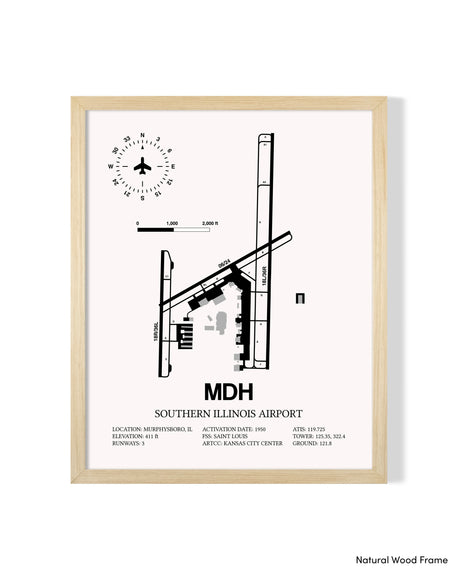 Detailed Airport Map of Southern Illinois Airport (MDH) in White with a Natural Frame