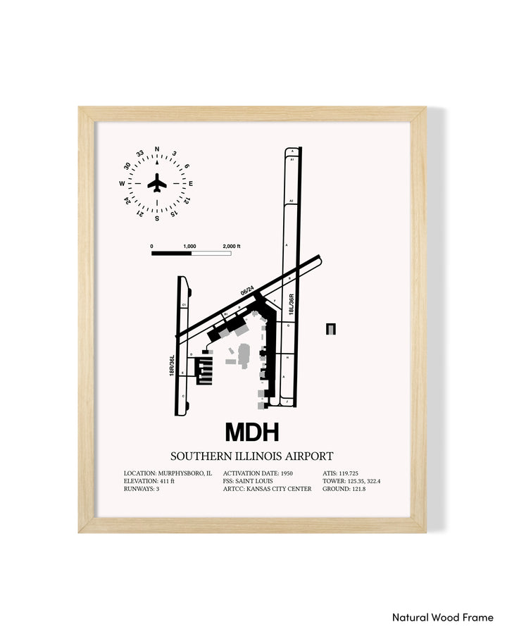 Detailed Airport Map of Southern Illinois Airport (MDH) in White with a Natural Frame