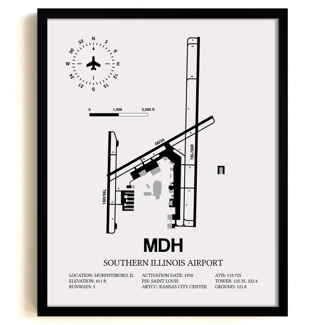 Framed Detailed Airport Map of Southern Illinois Airport (MDH) in White with a Black Frame