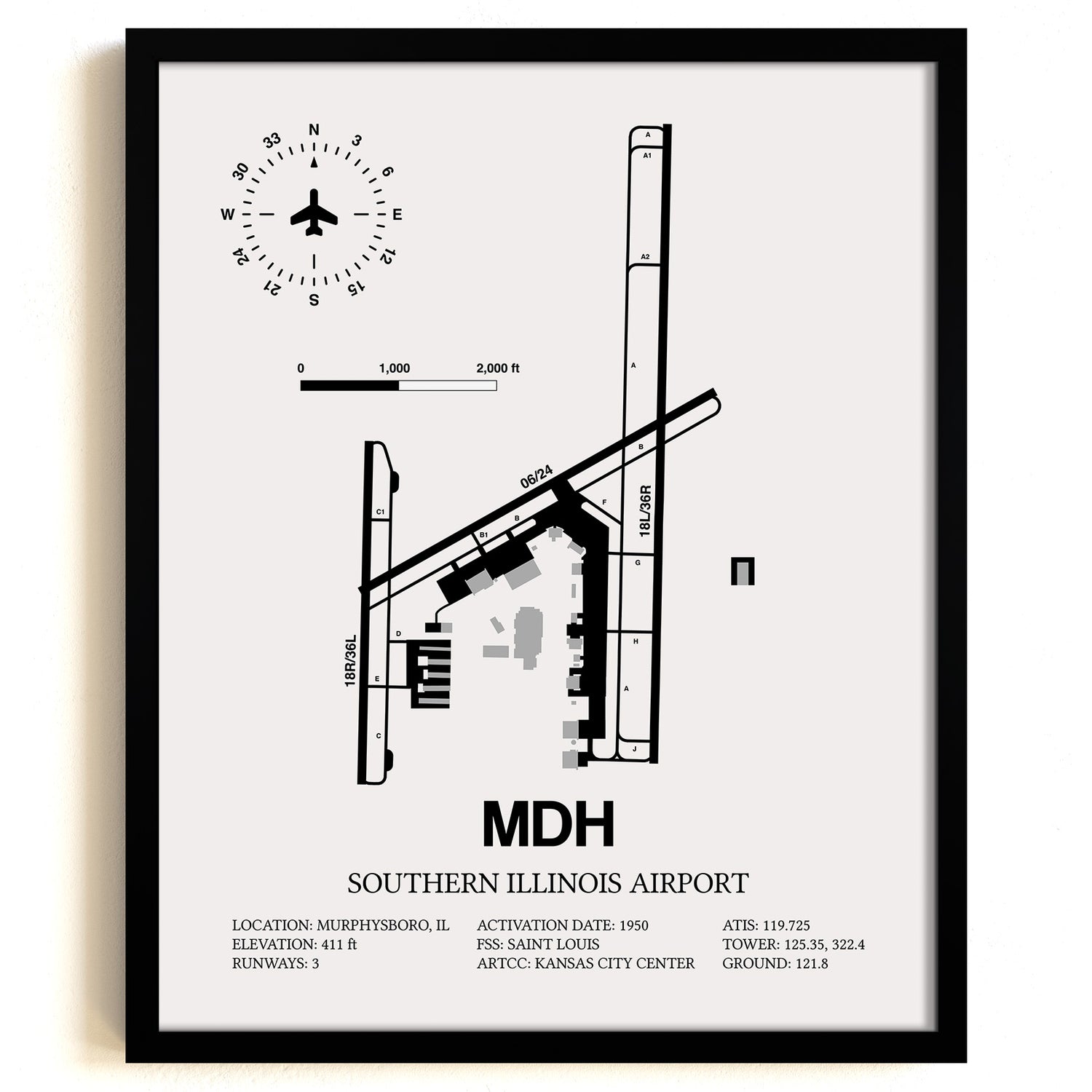 Framed Detailed Airport Map of Southern Illinois Airport (MDH) in White with a Black Frame