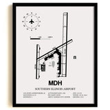 Framed Detailed Airport Map of Southern Illinois Airport (MDH) in White with a Black Frame