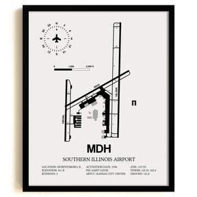 Framed Detailed Airport Map of Southern Illinois Airport (MDH) in White with a Black Frame