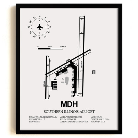 Framed Detailed Airport Map of Southern Illinois Airport (MDH) in White with a Black Frame
