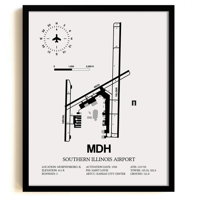 Framed Detailed Airport Map of Southern Illinois Airport (MDH) in White with a Black Frame