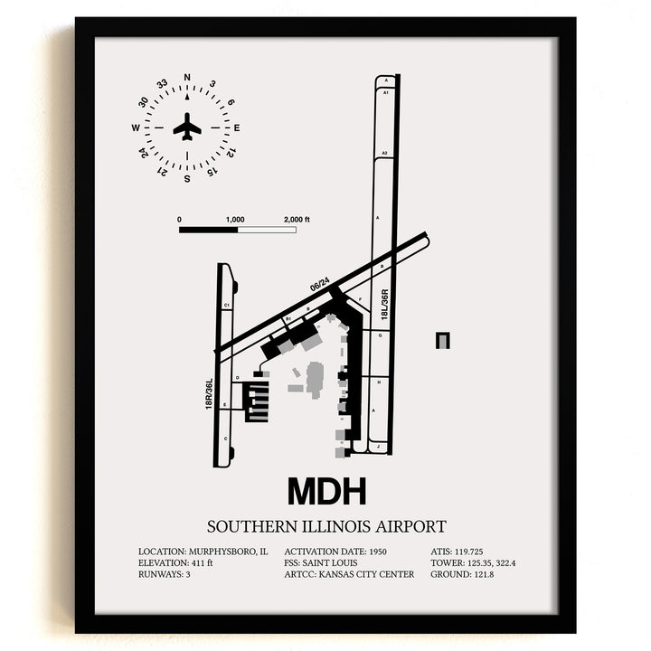 Framed Detailed Airport Map of Southern Illinois Airport (MDH) in White with a Black Frame