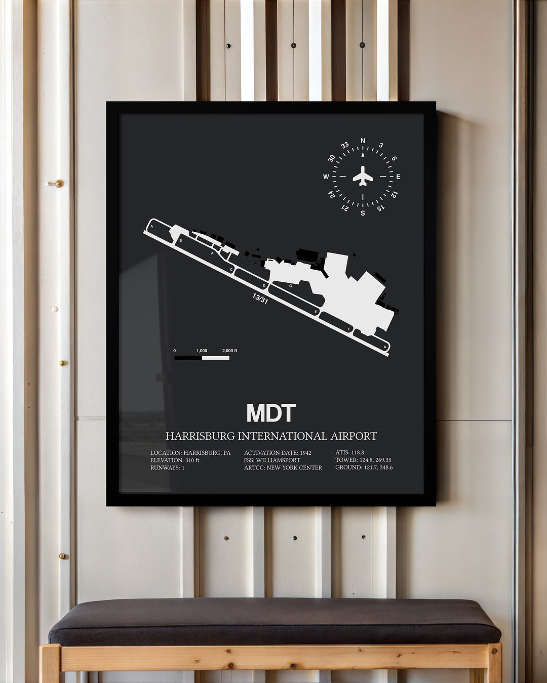Framed Detailed Airport Map of Harrisburg International Airport (MDT) in Gray with a Black Frame