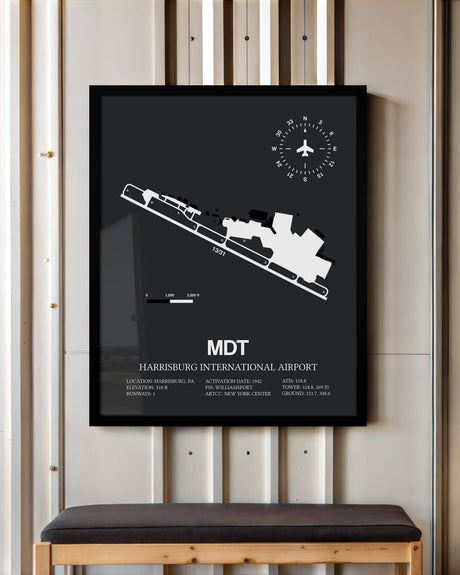 Framed Detailed Airport Map of Harrisburg International Airport (MDT) in Gray with a Black Frame