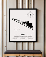 Framed Detailed Airport Map of Harrisburg International Airport (MDT) in White with a Black Frame