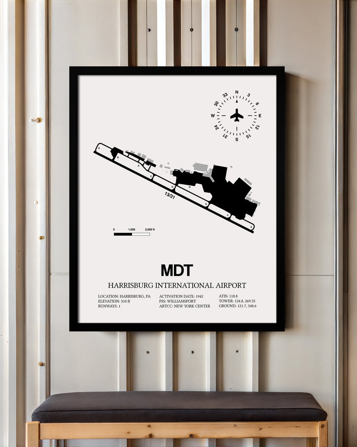 Framed Detailed Airport Map of Harrisburg International Airport (MDT) in White with a Black Frame