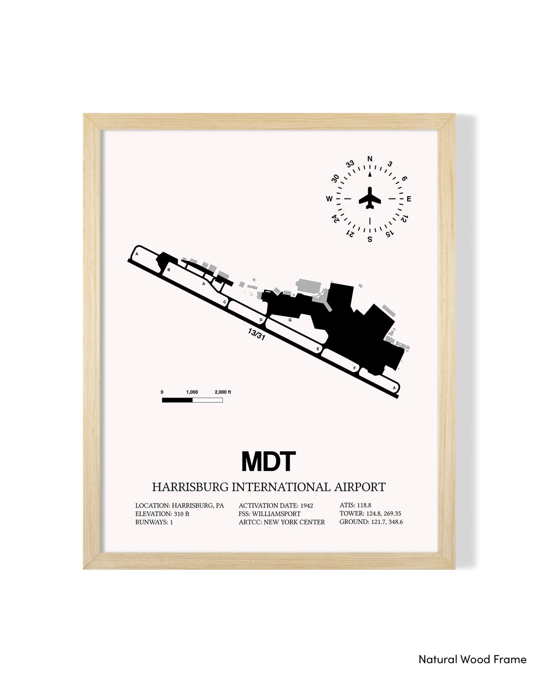 Detailed Airport Map of Harrisburg International Airport (MDT) in White with a Natural Frame