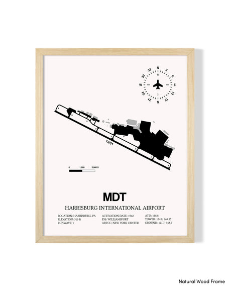 Detailed Airport Map of Harrisburg International Airport (MDT) in White with a Natural Frame