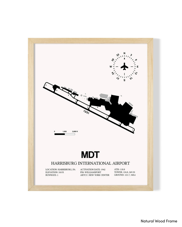 Detailed Airport Map of Harrisburg International Airport (MDT) in White with a Natural Frame