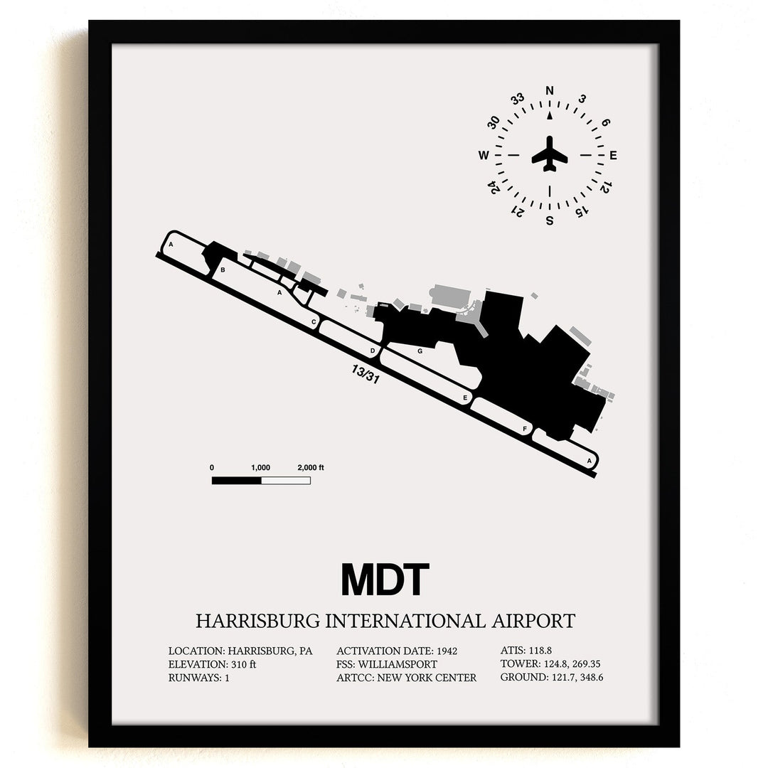 Framed Detailed Airport Map of Harrisburg International Airport (MDT) in White with a Black Frame