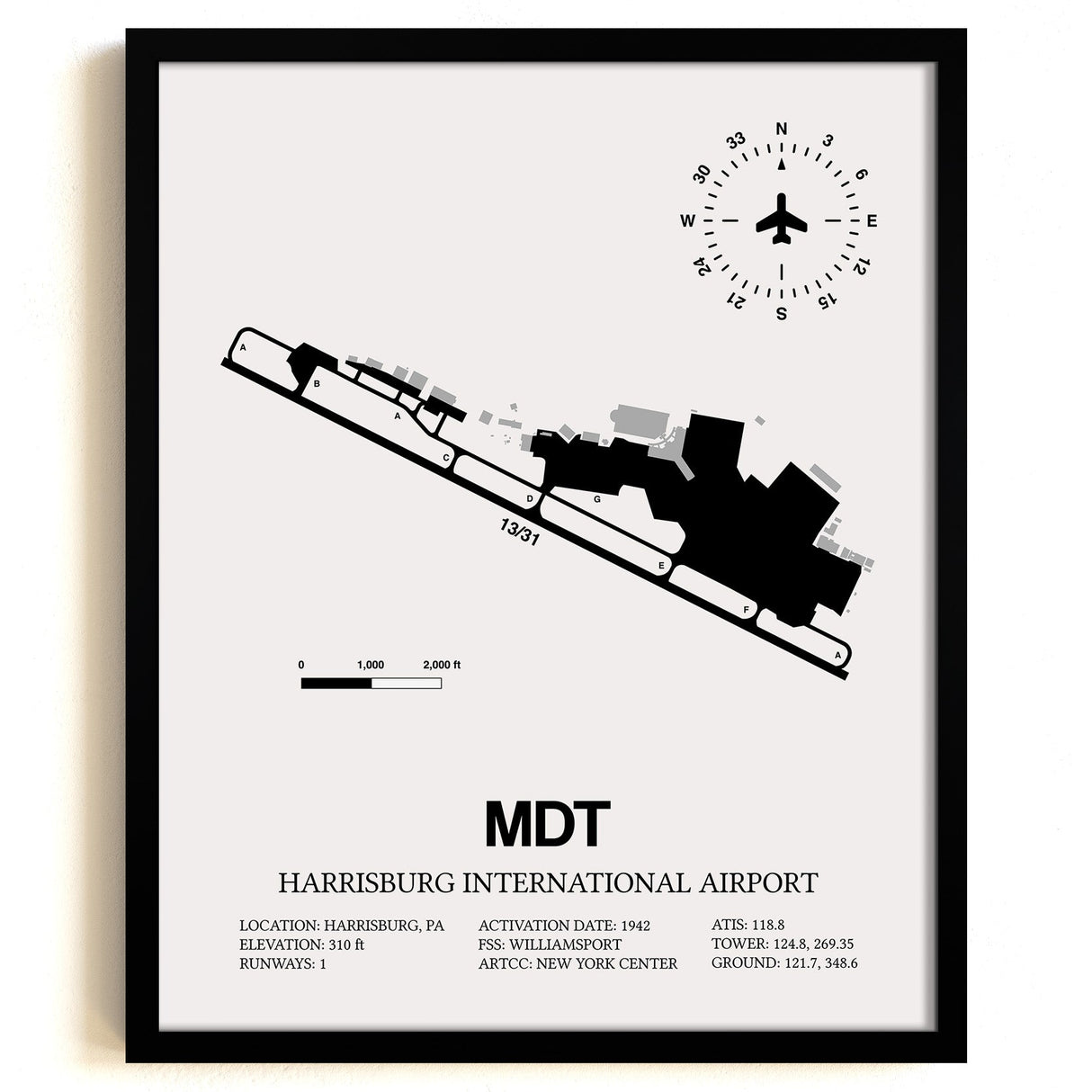 Framed Detailed Airport Map of Harrisburg International Airport (MDT) in White with a Black Frame