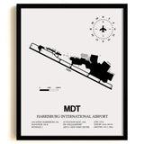 Framed Detailed Airport Map of Harrisburg International Airport (MDT) in White with a Black Frame