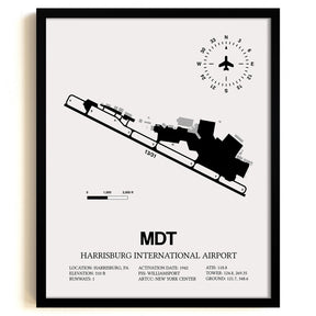 Framed Detailed Airport Map of Harrisburg International Airport (MDT) in White with a Black Frame