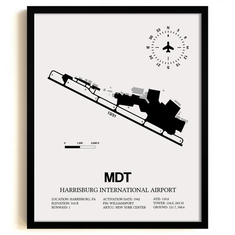 Framed Detailed Airport Map of Harrisburg International Airport (MDT) in White with a Black Frame