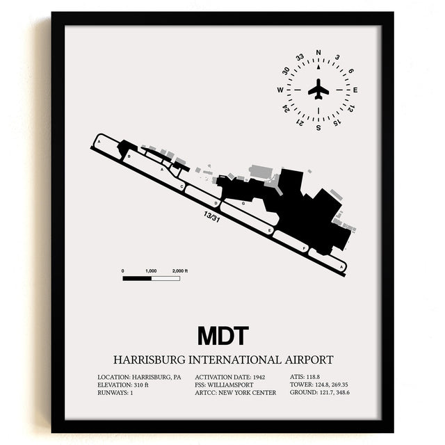 Framed Detailed Airport Map of Harrisburg International Airport (MDT) in White with a Black Frame