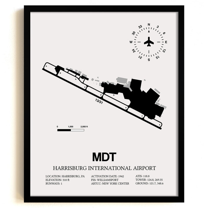 Framed Detailed Airport Map of Harrisburg International Airport (MDT) in White with a Black Frame