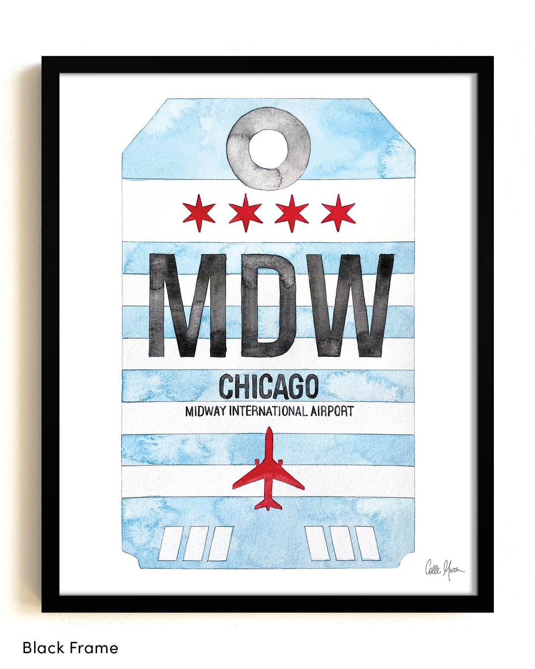 Framed Watercolor Print of Chicago Midway International Airport (MDW) with a Black Frame